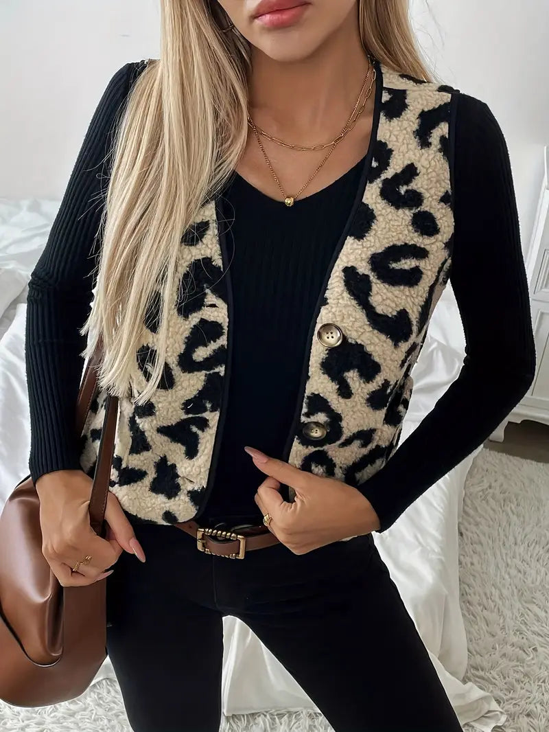 W&W Mode | Ärmellose Weste aus Kunstpelz mit Leopardenmuster für Frauen