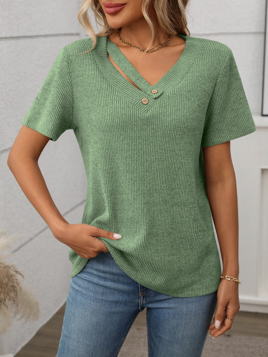 WW | Geripptes V-Ausschnitt Kurzarm T-Shirt