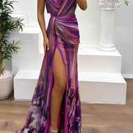 WW | In A Dreamland Chiffon Floral Print Off Shoulder Pleated Scarf Slit Maxi Kleid