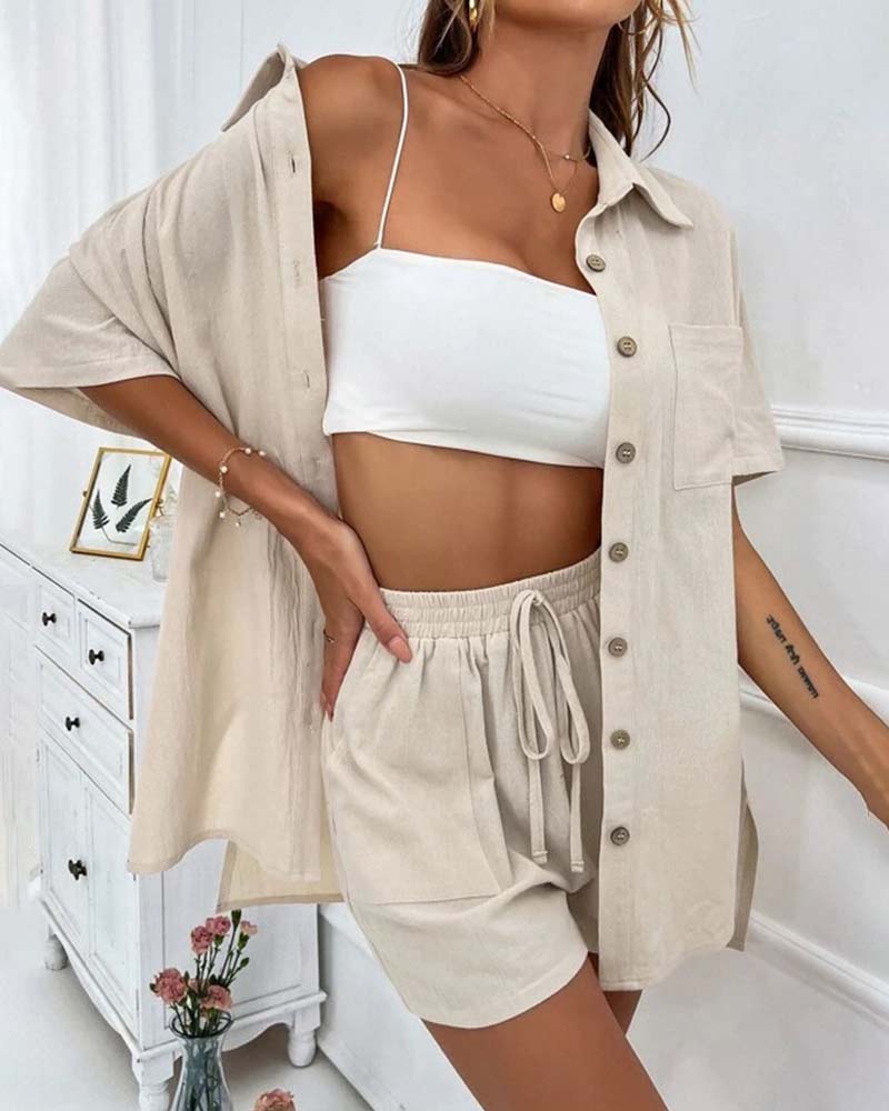 WW | Lässiges Set aus Einfarbigem Hemd und Shorts