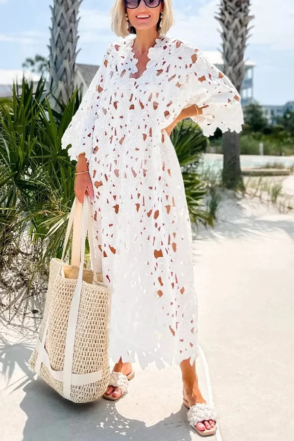 WW | Ich Gehören Hier Floral Øsen Spitze Cover Up Strand Midi Kleid