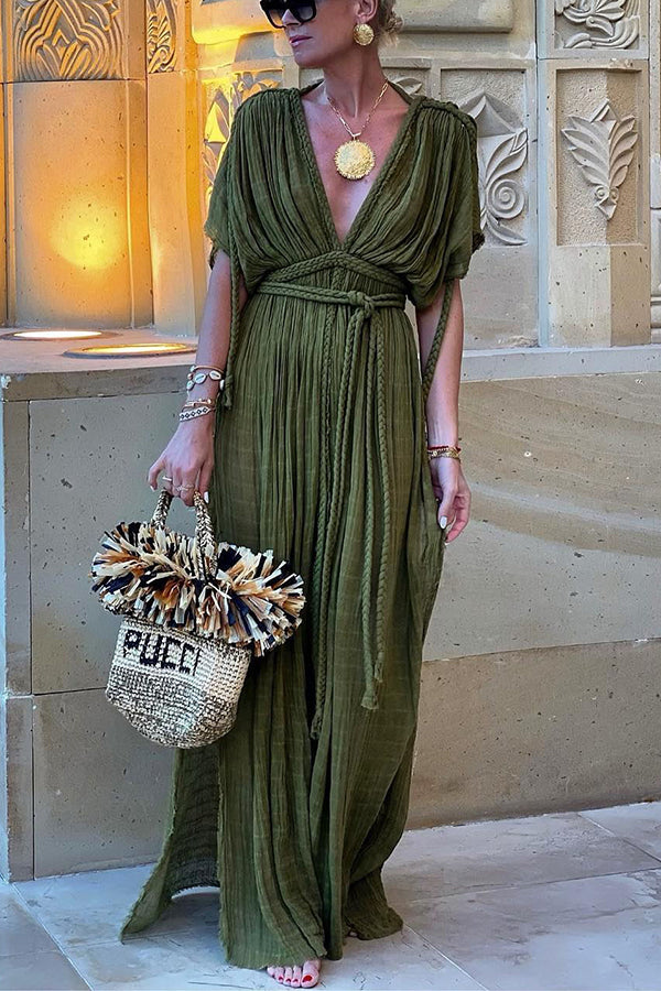W&W Mode Kimono-Maxikleid aus Leinenmischung im griechischen Stil mit Zöpfen und Schlitz