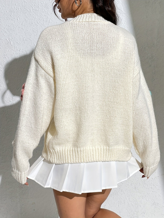 WW | Stylischer Blumenmuster Wollstrick Cardigan