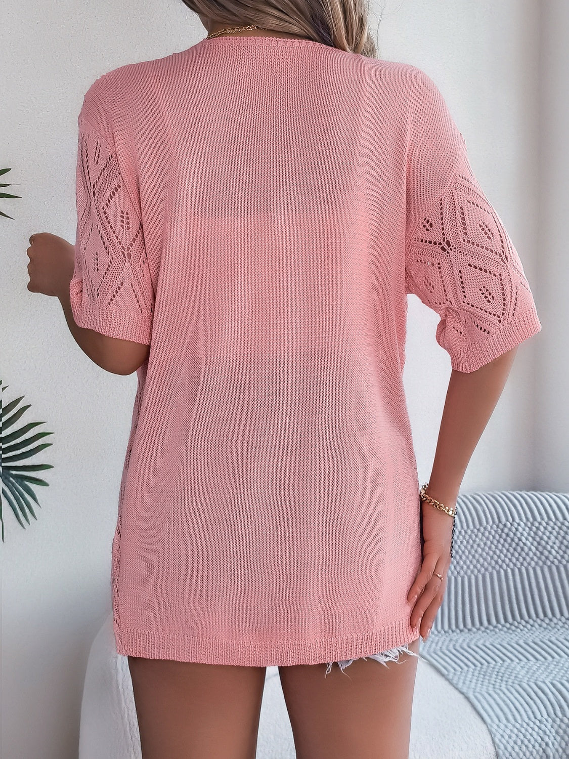 WW | Durchbrochene Offene Front Halbarm-Cardigan
