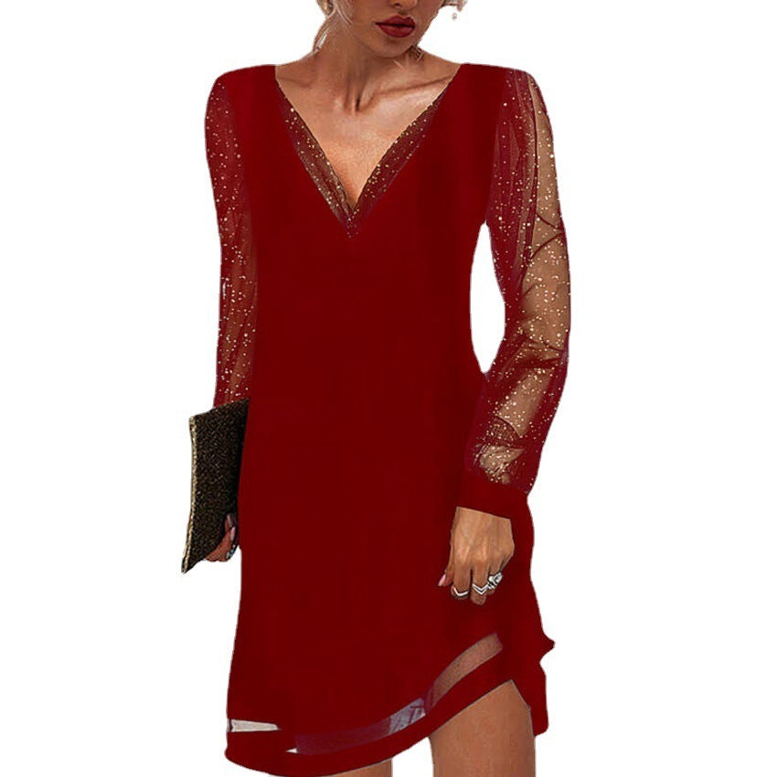 W&W Mode | Solides Kleid Mit Spitzenbesatz Und V-Ausschnitt