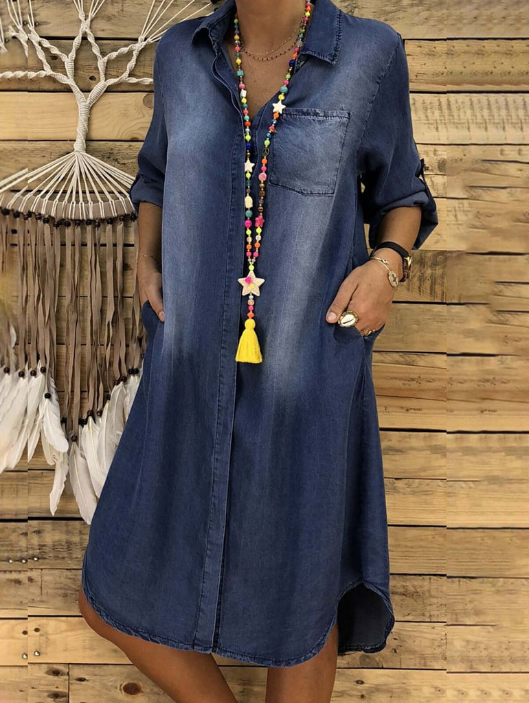 WW | Denim Solid Umlegekragen Einreiher Taschen Midi Kleid