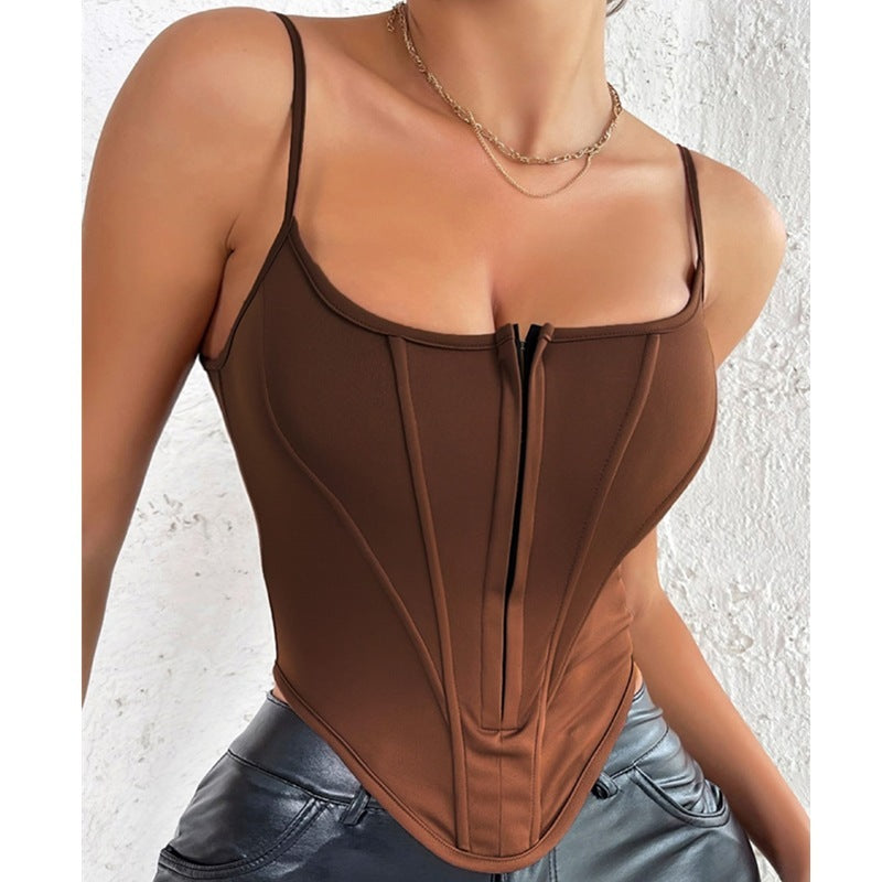 WW | Einreihiger Sling Crop Corsage Tank Sommermode Slim Spaghettiträger Top für Damen Kleidung