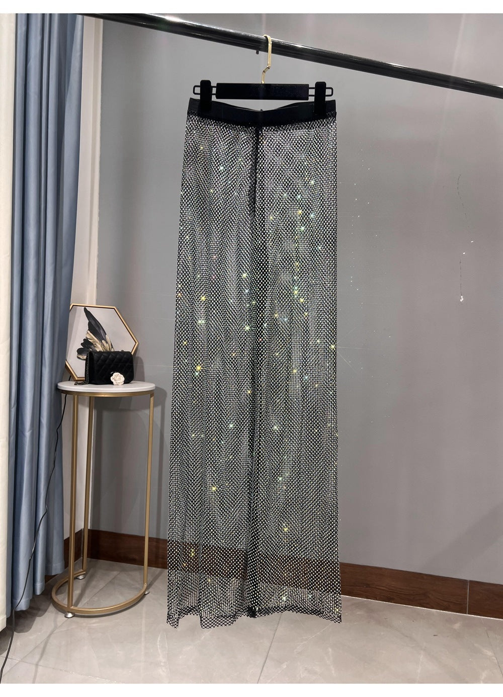 WW | Rhinestone Gerade Netz Weite Bein Slim Fit Schmeichelnde Mop Hosen