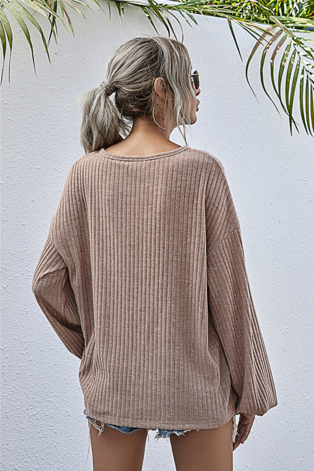 WW Rundhals Lanternärmel Lässiges Gestricktes Oberteil