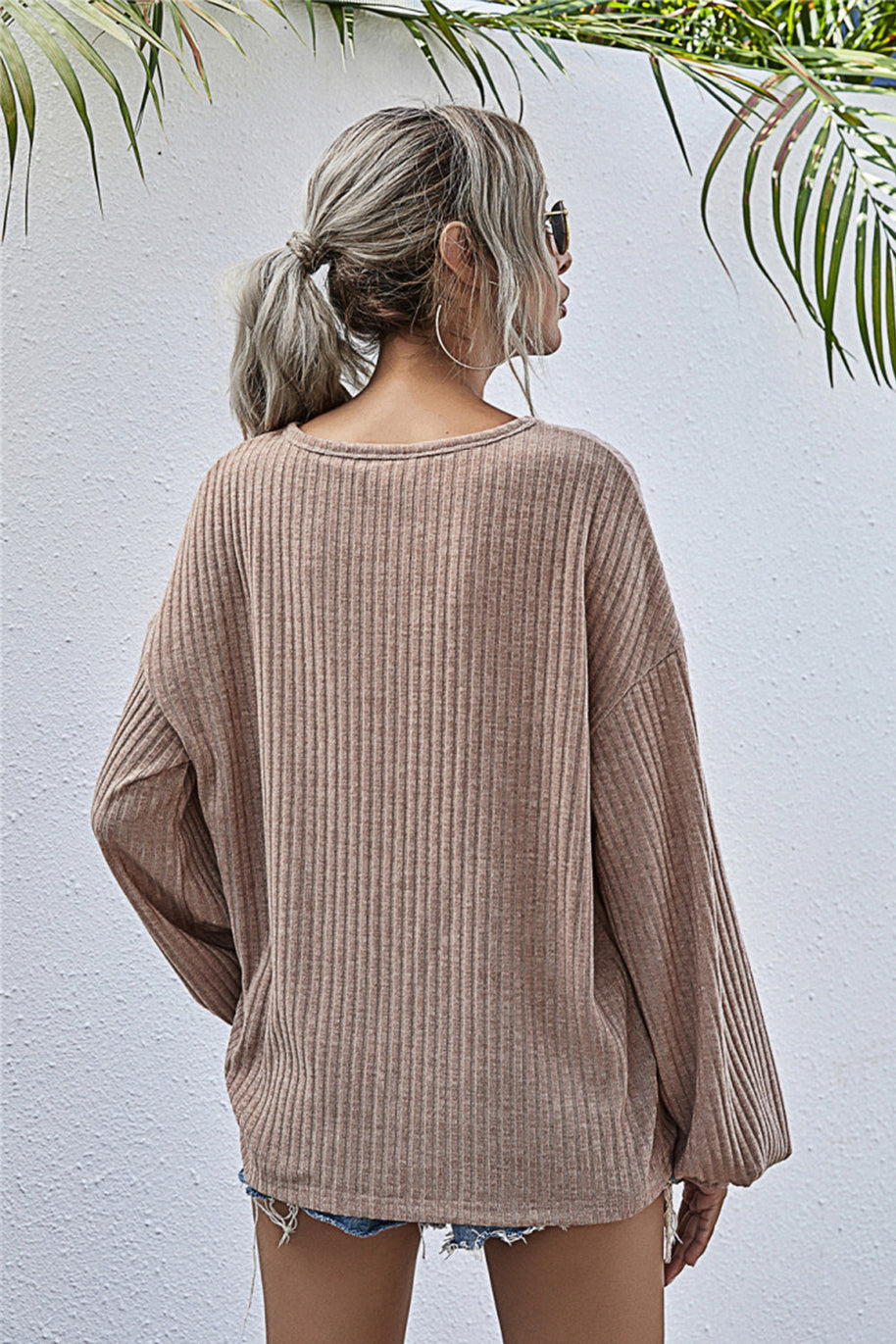 WW Rundhals Lanternärmel Lässiges Gestricktes Oberteil