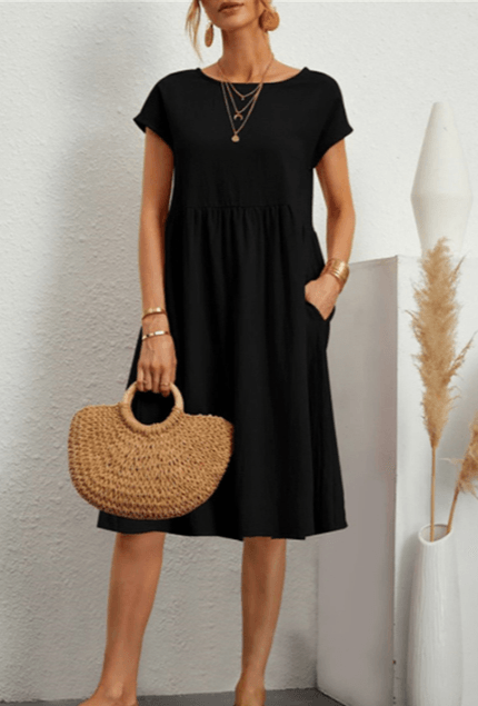 WW | Baumwolle Leinen Kurzarm Midi Kleid