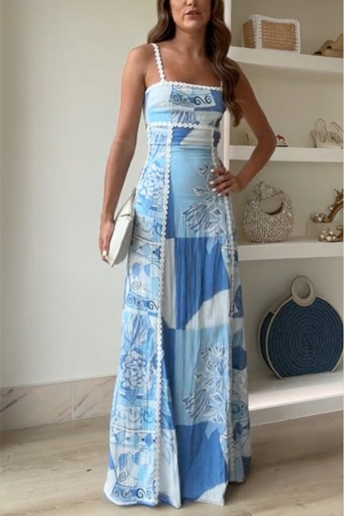 WW | Ric Rac Träger Bogen Rücken Cut Out Bedrucktes Swing Maxi Cami Kleid