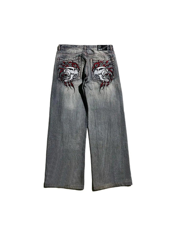WW | 2000s Boyfriend Baggy Jeans Mit Skull Stickerei