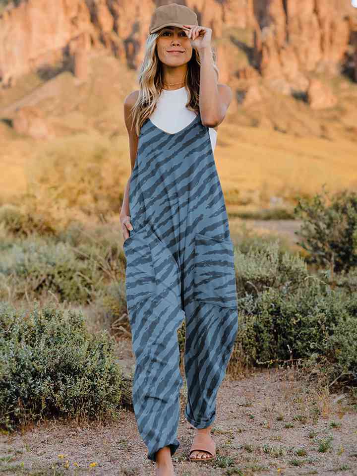 WW | Große Größe Bedruckter V-Ausschnitt Ärmelloser Jumpsuit