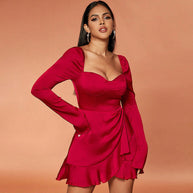 WW | Damenmode Elegantes Slim-fit Langarm Rüschenkleid