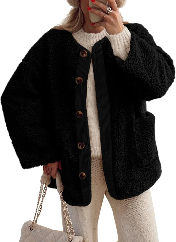 WW | Damen Warme Winterjacken - Lässige Langarm Button-up Fleecejacke aus Sherpa