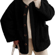 WW | Damen Warme Winterjacken - Lässige Langarm Button-up Fleecejacke aus Sherpa