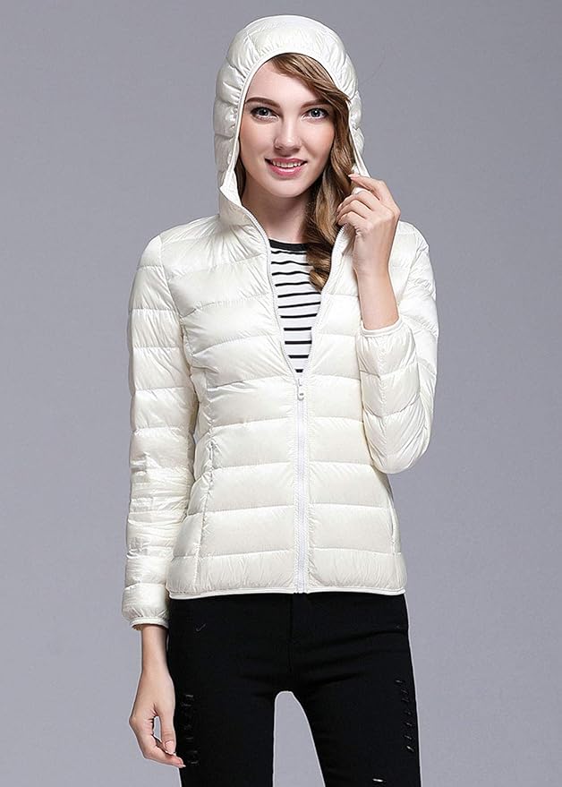 W&W Mode | Winterdaunenjacke mit Kapuze für Damen Weiß und Schwarz - faltbare Daunenjacke