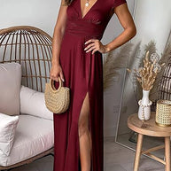 WW | Elegantes tiefes V-Ausschnitt Hochschlitz Maxikleid für Frauen