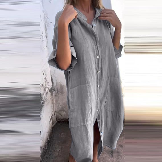 W&W Mode - Lockeres langes Kleid mit langen Ärmeln und Seitentaschen Kleid