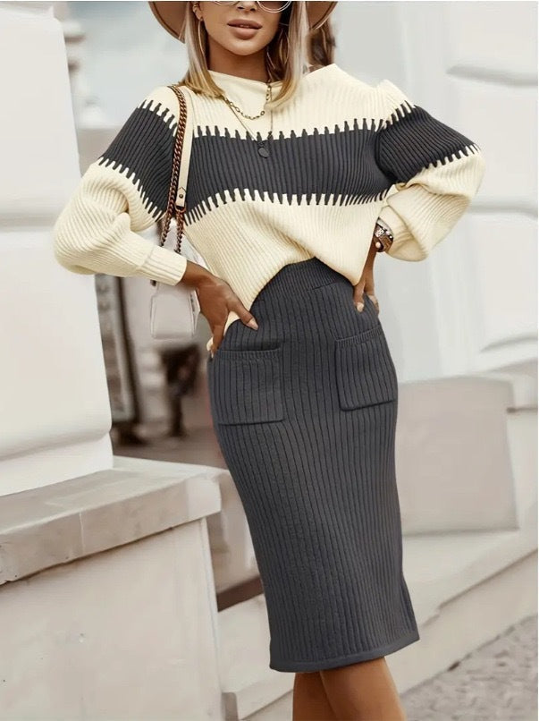 W&W Mode | teilige Strickset - Pullover mit langen Ärmeln und schmalem Midirock