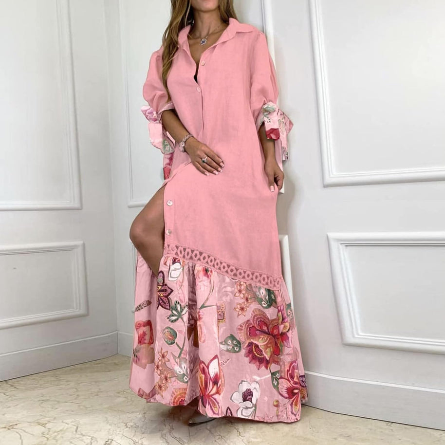 WW | Maxikleid mit Knopfleiste und Blumenmuster am Saum