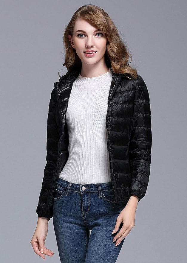 W&W Mode | Winterdaunenjacke mit Kapuze für Damen Weiß und Schwarz - faltbare Daunenjacke