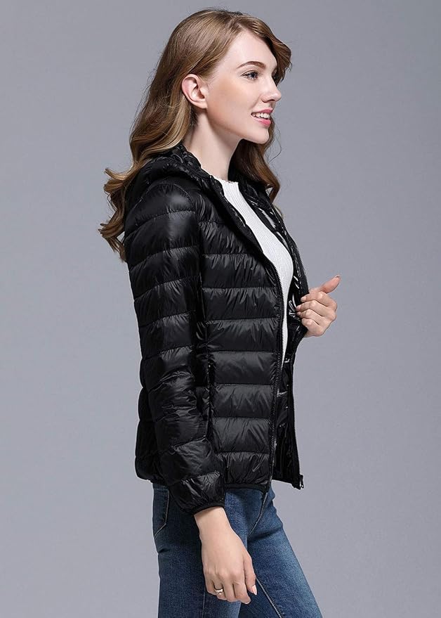 W&W Mode | Winterdaunenjacke mit Kapuze für Damen Weiß und Schwarz - faltbare Daunenjacke