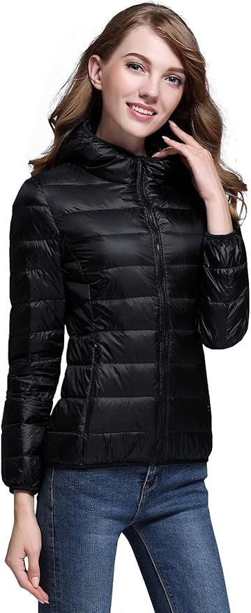 W&W Mode | Winterdaunenjacke mit Kapuze für Damen Weiß und Schwarz - faltbare Daunenjacke