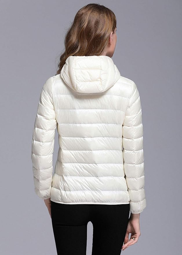 W&W Mode | Winterdaunenjacke mit Kapuze für Damen Weiß und Schwarz - faltbare Daunenjacke