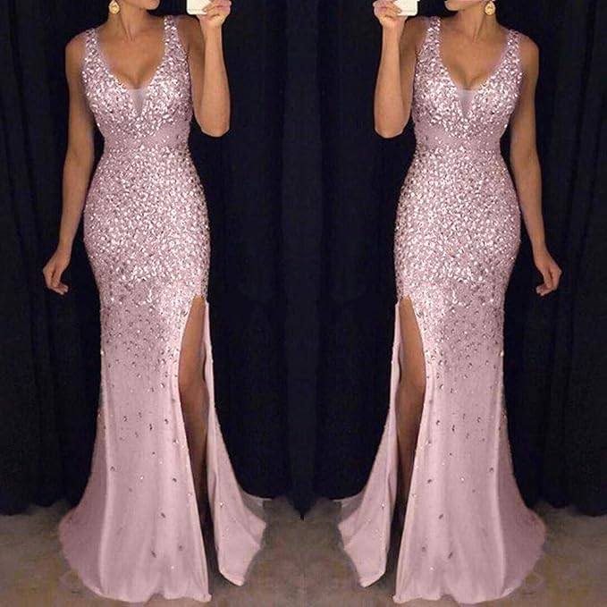 W&W Mode | Sling V-Ausschnitt Split Glitzerndes Abendkleid