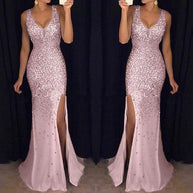 WW | Sling V-Ausschnitt Split Glitzerndes Abendkleid