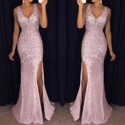 WW | Sling V-Ausschnitt Split Glitzerndes Abendkleid