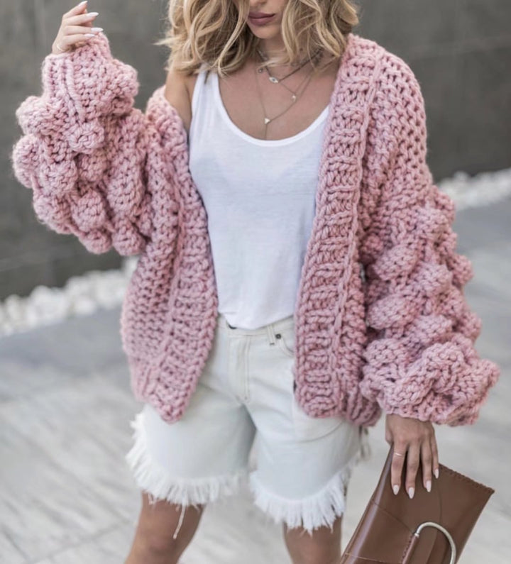 Damen Grob gestrickter Oversized Cardigan mit voluminösen Ärmeln W&W Mode
