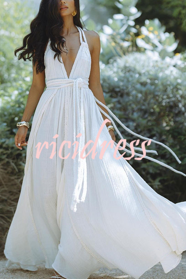 W&W Mode Whispers – Drapiertes Maxikleid aus Leinenmischung mit tiefem V-Ausschnitt, Neckholder und rückenfreiem Überzug