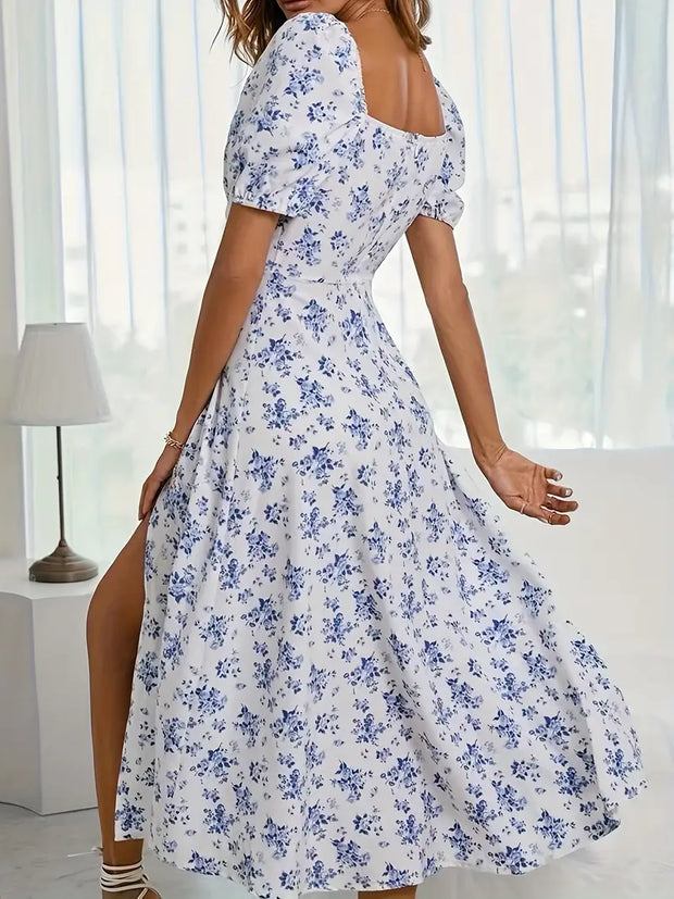 WW | Schickes Kleid mit Puffärmeln Im A-Linien-Stil mit Blumendruck