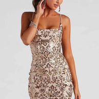 WW | Florale Pailletten Schnürung Rückefreies Bodycon Partykleid Slip Mini Kleider