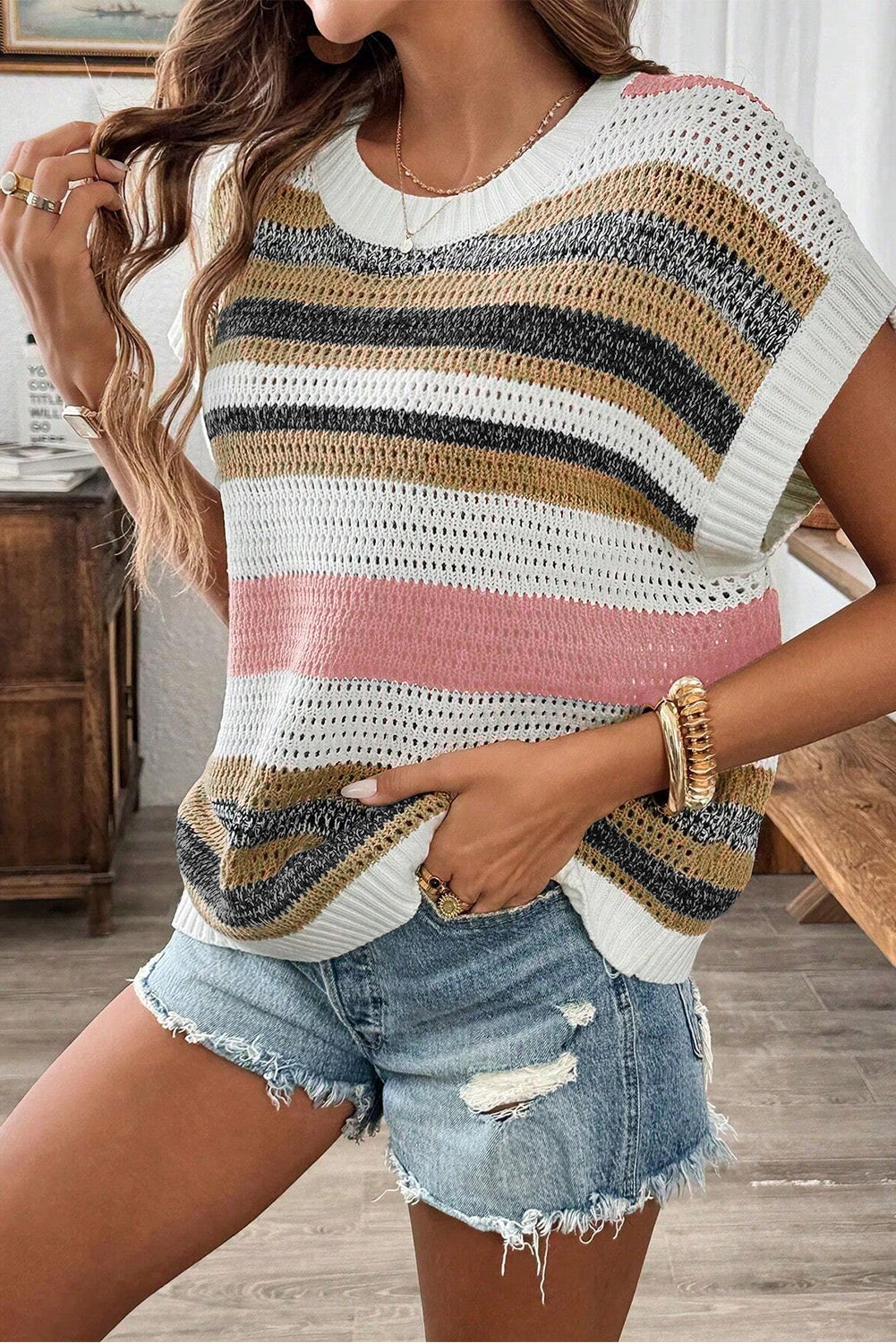 WW | Stricktop mit Farbblock und Lochmuster für Frauen