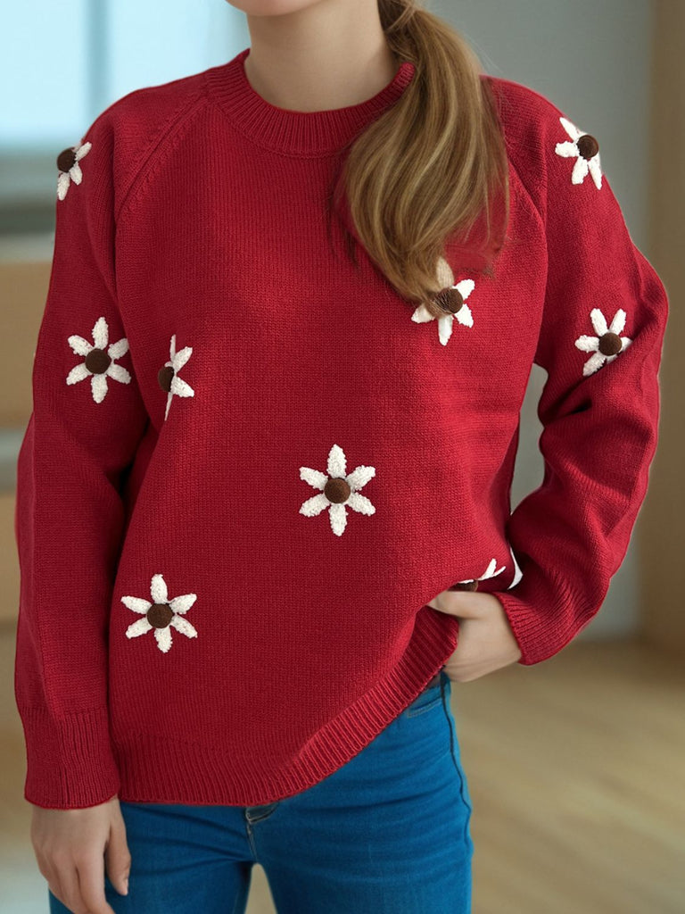WW | Blumen Rundhals Raglanärmel Pullover
