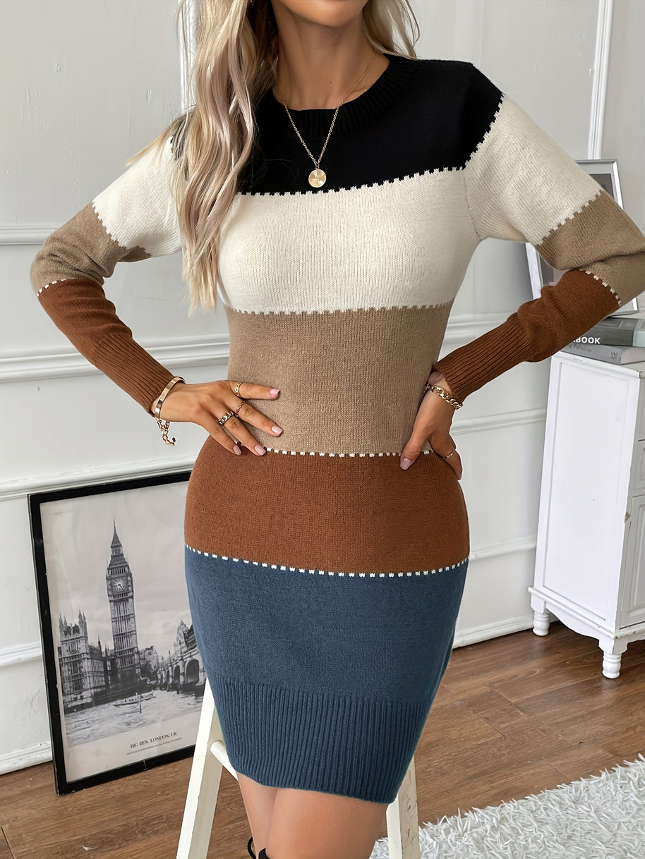 WW | Schicke Herbst Farbblock Langarmkleid für Frauen