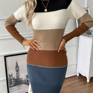 WW | Schicke Herbst Farbblock Langarmkleid für Frauen