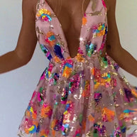 WW | Regenbogen Pailletten Offene Rücken Slip Mini Kleid