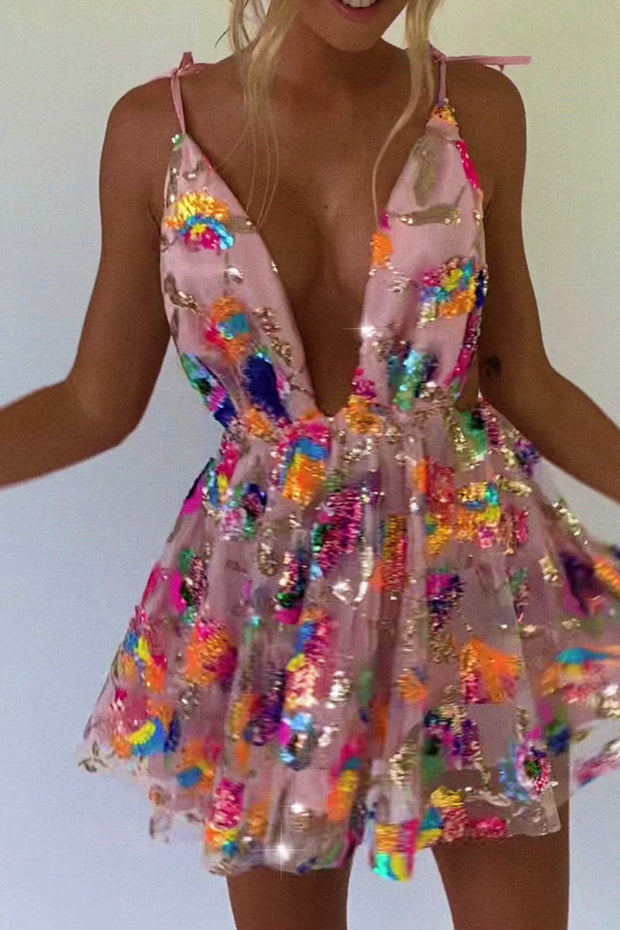 WW | Regenbogen Pailletten Offene Rücken Slip Mini Kleid