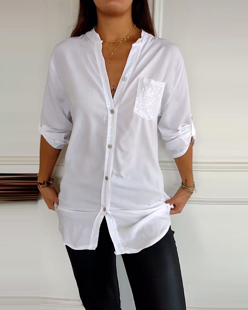 WW - Schicke Bluse mit Knopfleiste und Paillettenbesatz für Damen | Elegante Langarmbluse mit Paillettentasche