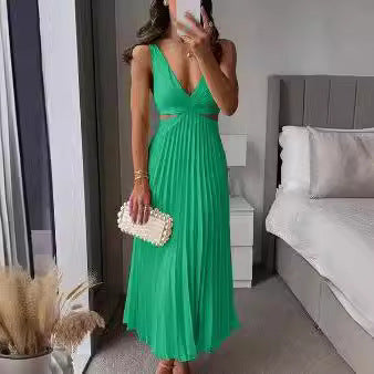 W&W Mode | Ärmelloses V-ausschnitt Kleid Mit Falten Und Offenem Rücken