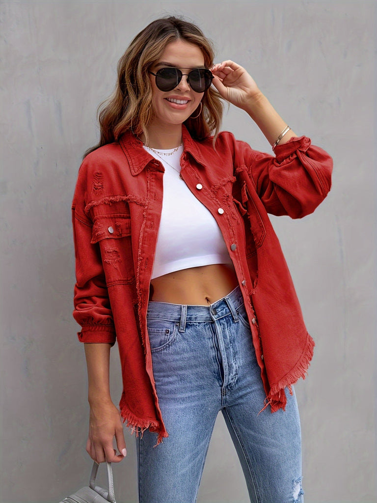 WW | Plus Size Denim Jacke Mit Zerrissenen Rohen Saum