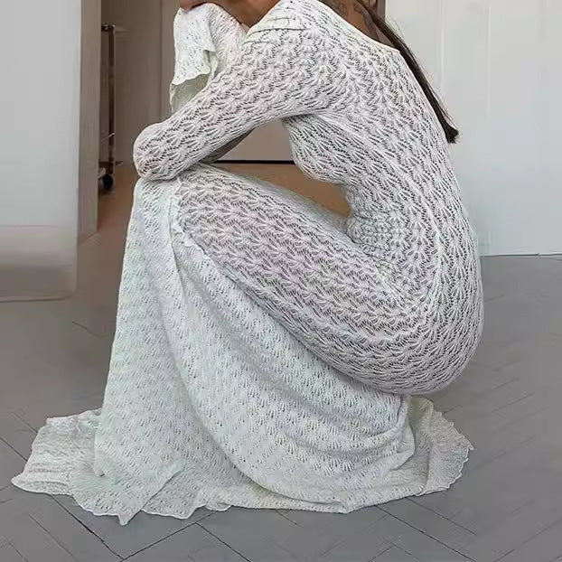 WW | Mode Weiß Glockenärmel Höhlen Slim Kleid