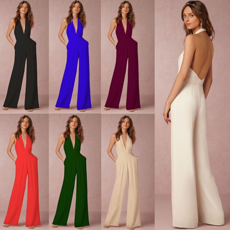 Damen schulterfreier Jumpsuit mit elegantem Rückenausschnitt und weitem Bein WW