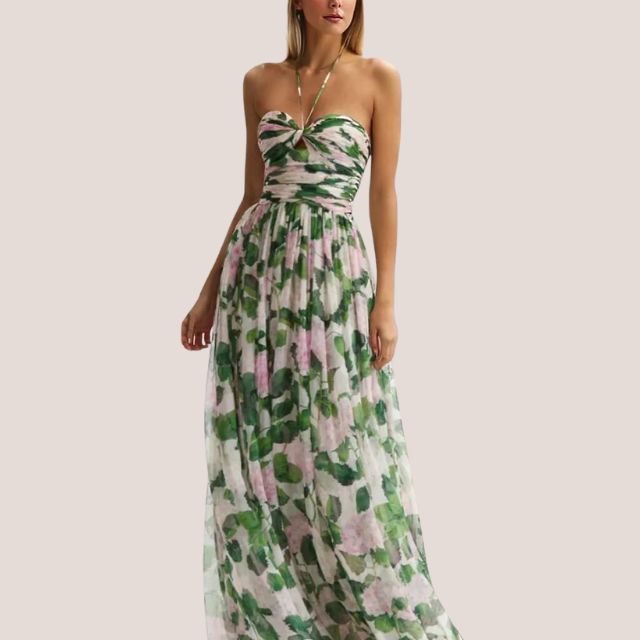 WW | Trägerloses Maxikleid mit Blumenmuster und gerafftem Oberteil