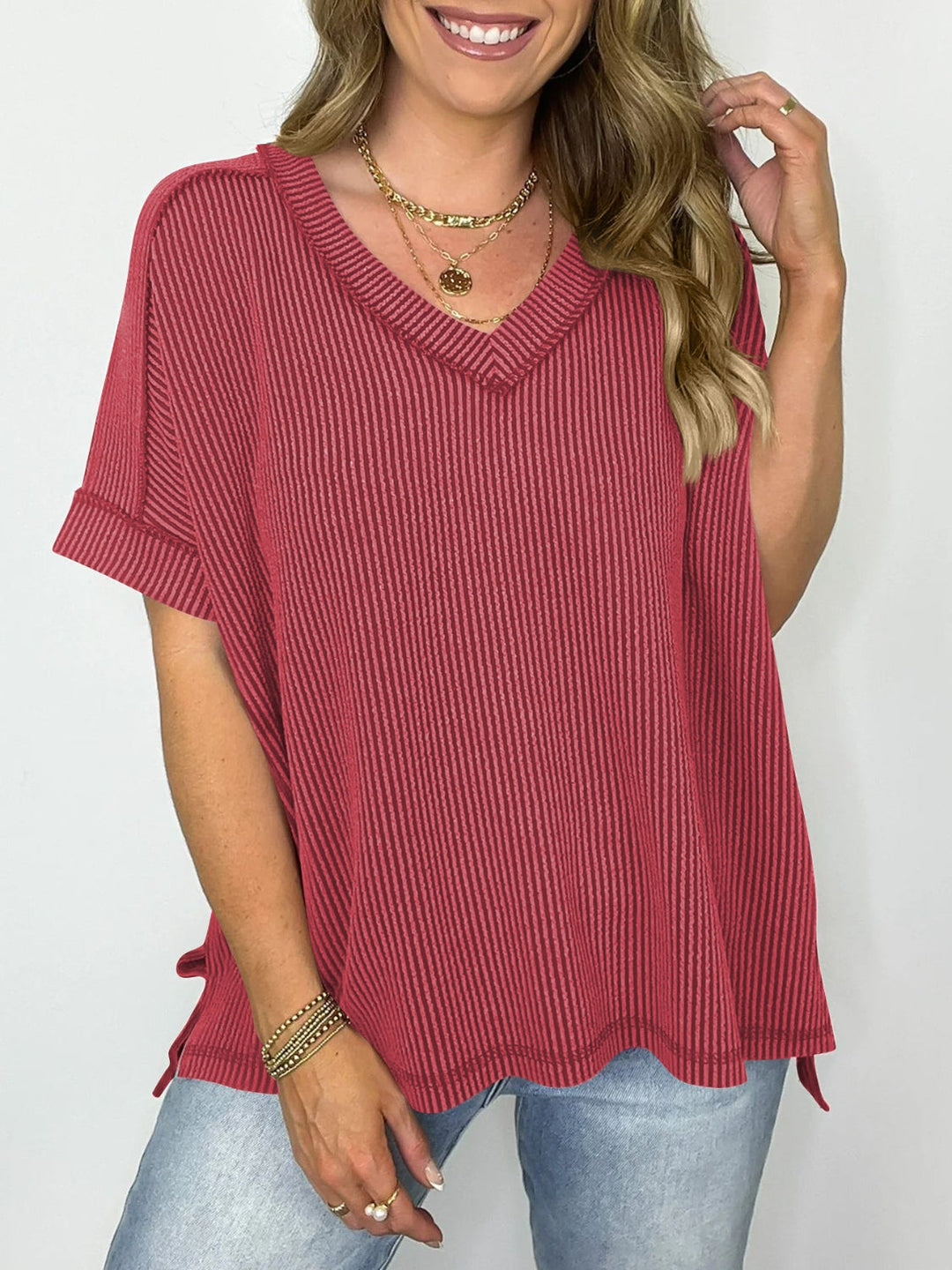 W&W Mode | Cord-Ripp V-Ausschnitt Kurzarm T-Shirt